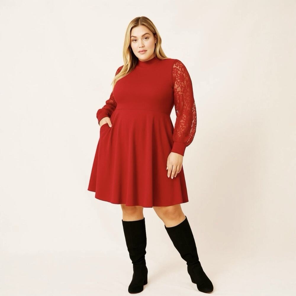 Torrid Dress Womens Plus Size 2X 18/20 Red Lace Long Sleeve Mock Neck Skater NWT